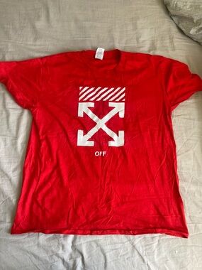 Off-White Red Crewneck Tee with White Arrow Graphic